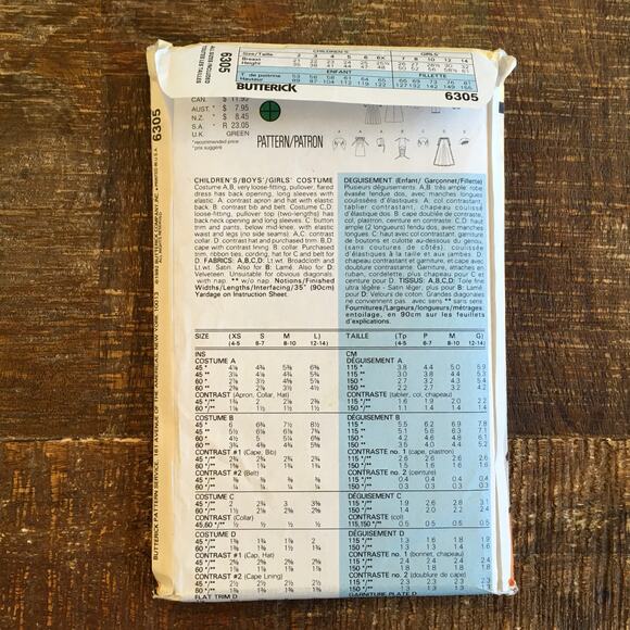 Butterick Sewing Pattern 6305 Childs Costume Royal King Queen Pilgrim 4-14 UNCUT - Picture 2 of 3